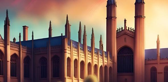 A hazy AI-generated illustration of chapel spires drenched in warn sunlight.